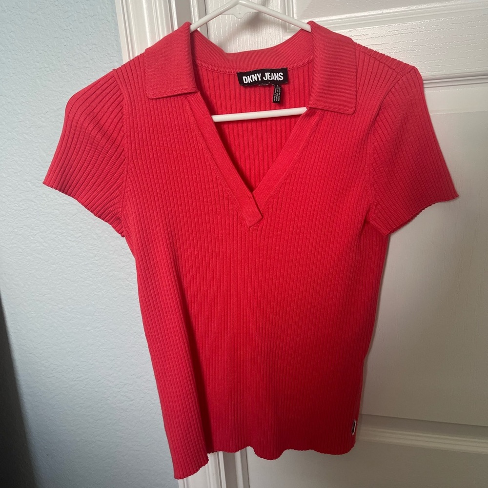 DKNY Jeans Women’s Coral Collared Short Sleeve Knit Top